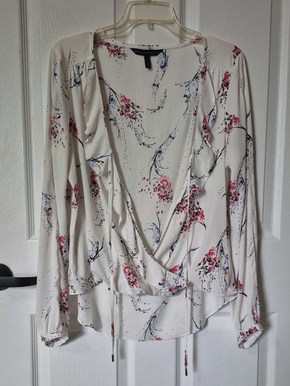 White House Black Market Cream Wrap Blouse with Pink & Blue Floral